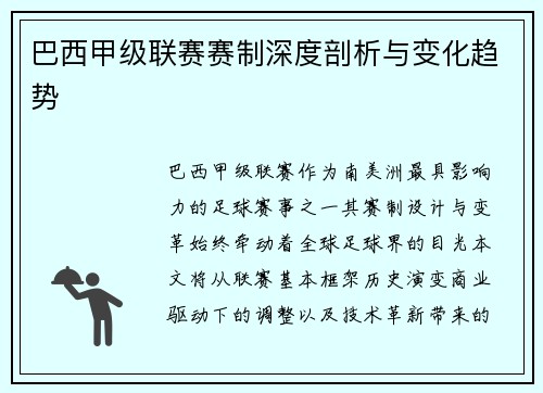 巴西甲级联赛赛制深度剖析与变化趋势
